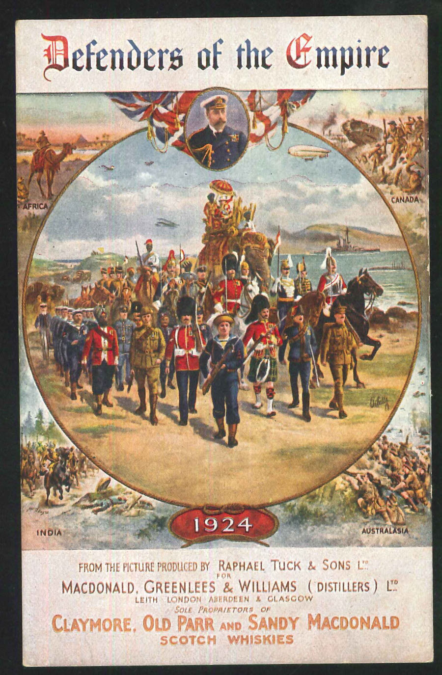 Postcard Tucks Oilette Defenders of the Empire Advert Macdonald,Greenless & Williams ( Distillers ) Ltd