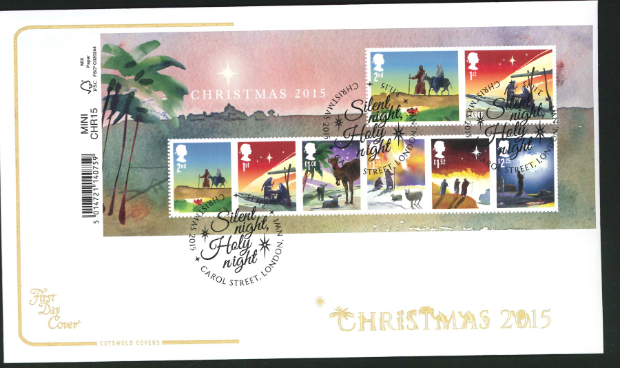 2015 - Cotswold Christmas Mini Sheet First Day Cover,Carol Street London Postmark