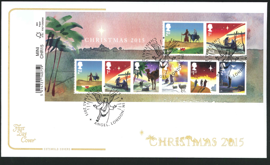 2015 - Cotswold Christmas Mini Sheet First Day Cover,Angel, London Postmark