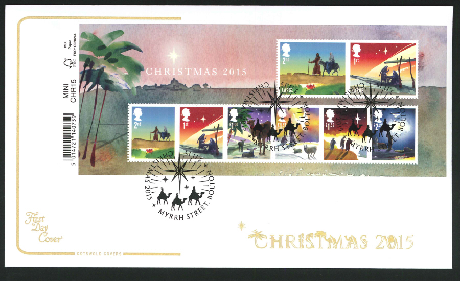 2015 - Cotswold Christmas Mini Sheet First Day Cover, Myrrh Street,Bolton Postmark