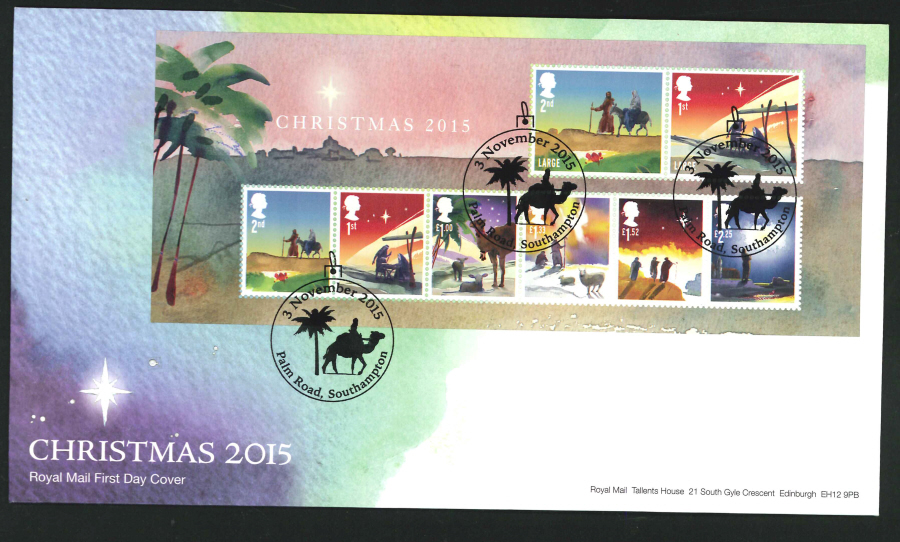 2015 - Christmas Miniature Sheet First Day Cover, Palm Road, Southampton Postmark