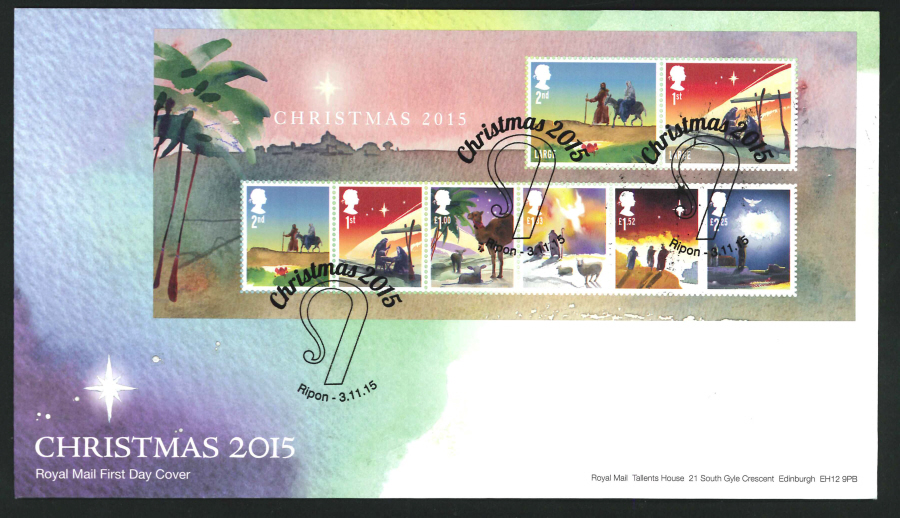 2015 - Christmas Miniature Sheet First Day Cover, Ripon Postmark - Click Image to Close