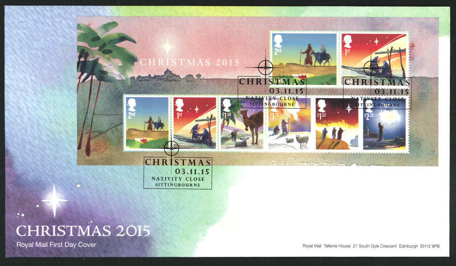 2015 - Christmas Miniature Sheet First Day Cover, Nativity Close, Sittingbourne Postmark - Click Image to Close