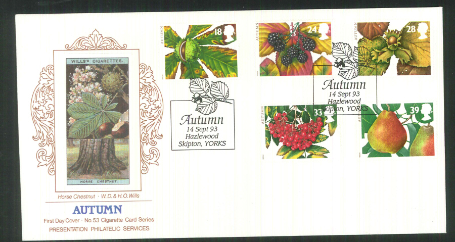 1993 Autumn First Day Cover- PPS Silk Hazelwood Skipton Postmark