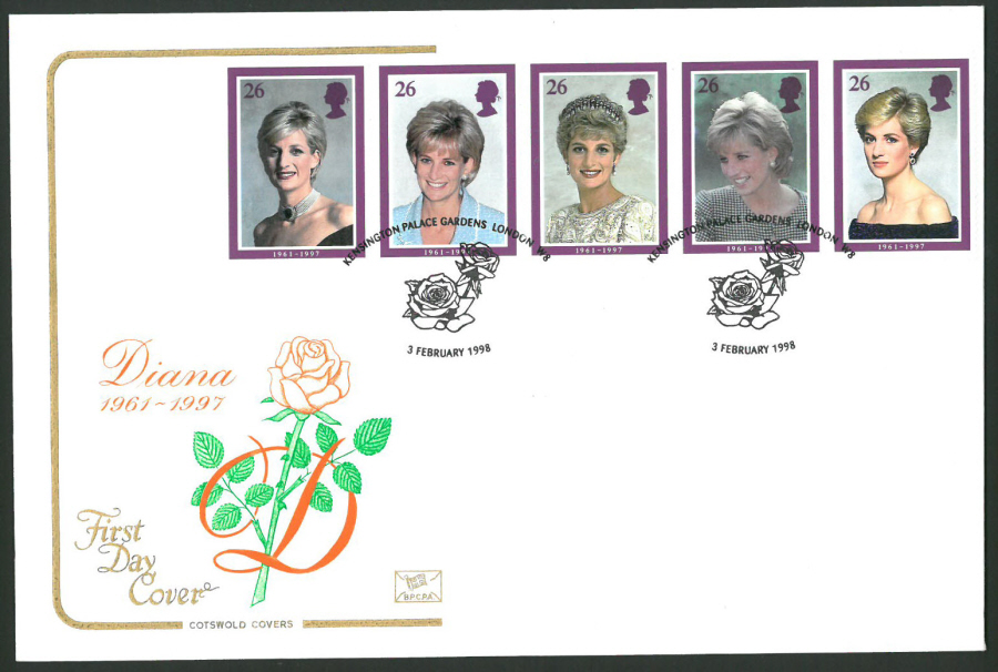 1998 Cotswold First Day Cover -Diana 1961-1997 - Kensington Palace Gardens Postmark -