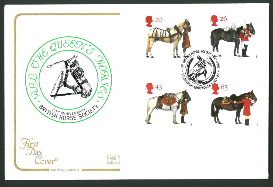 1997 Cotswold First Day Cover -The Queen's Horses -Horse Society Stoneleigh Postmark -