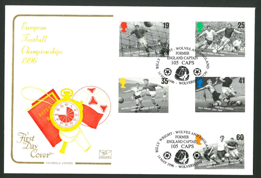 1996 Cotswold First Day Cover -Euro Football Championships -Billy Wright Wolverhampton Postmark -