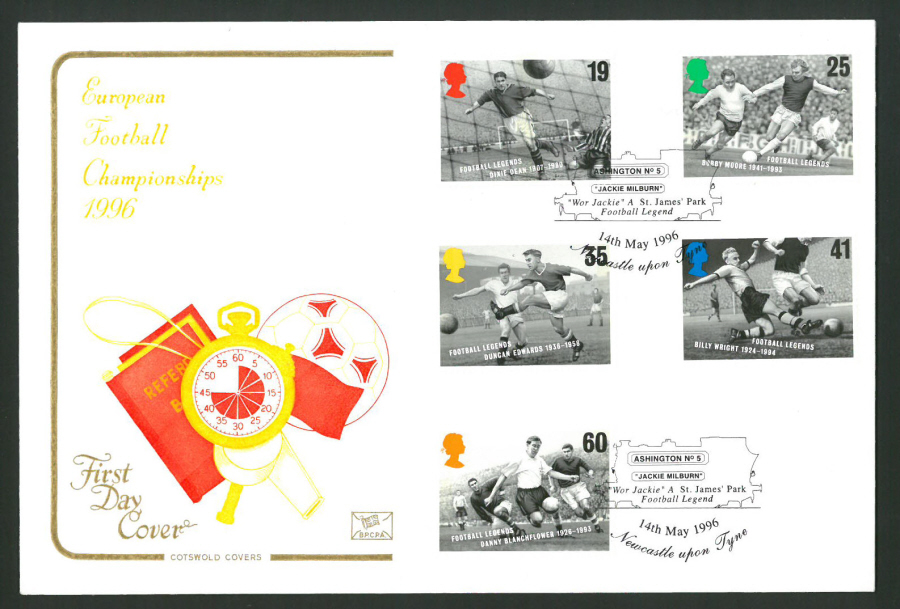 1996 Cotswold First Day Cover -Euro Football Championships -Jackie Milburn Newcastle upon Tyne Postmark -