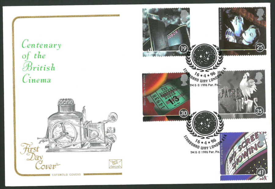 1996 Cotswold First Day Cover -British Cinema -Starboard Way London E14 Postmark - - Click Image to Close