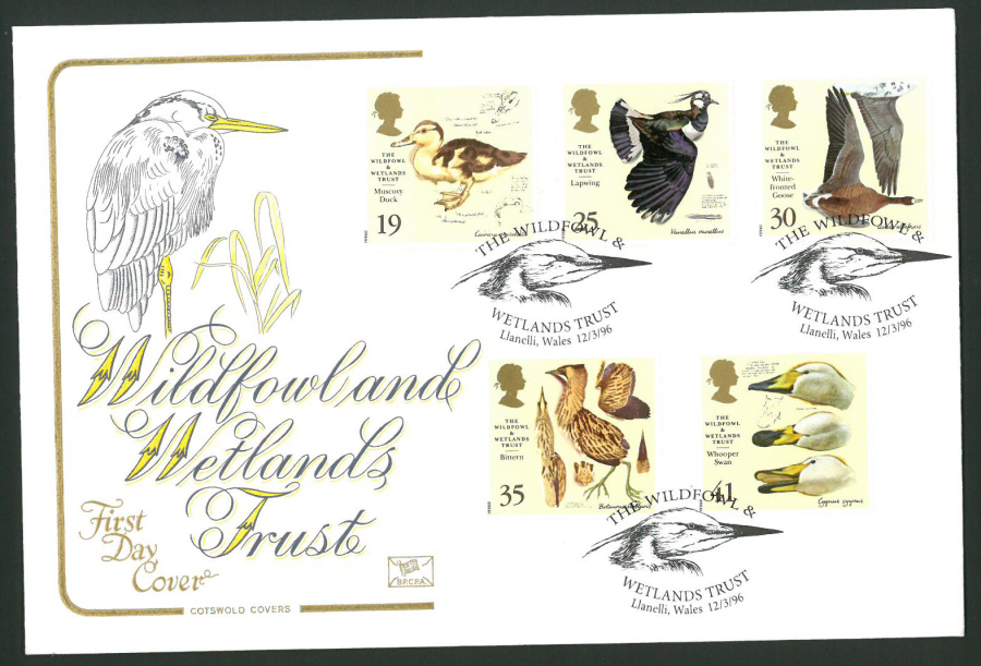 1996 Cotswold First Day Cover -Wildfowl & Wetlands -Llanelli Wales Postmark -