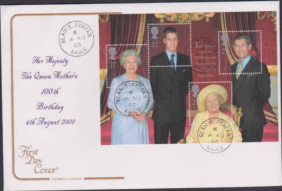 2000 Queen Mother's 100 th Birthday COTSWOLD CDS First Day Cover - Glamis,Forfar Postmark