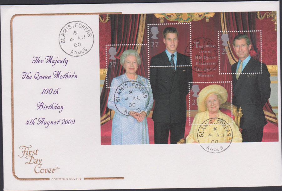 2000 Queen Mother's 100 th Birthday COTSWOLD CDS First Day Cover - Glamis,Forfar Postmark