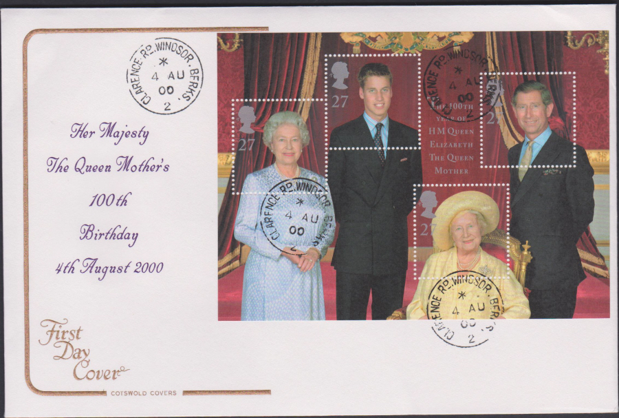 2000 Queen Mother's 100 th Birthday COTSWOLD CDS First Day Cover - Clarence Rd, Windsor Postmark - Click Image to Close