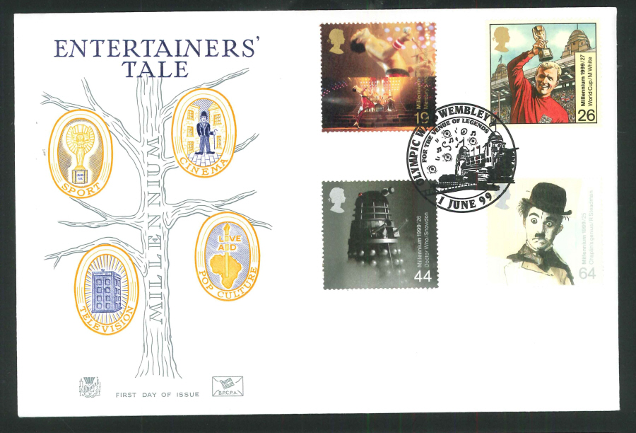 1999 Entertainers' Tale First Day Cover - Olympic Way, Wembley Postmark