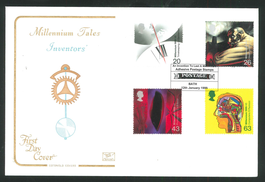 1999 Millennium Tales Inventors' First Day Cover- Adhesive Postage Stamp - Bath Postmark - Click Image to Close