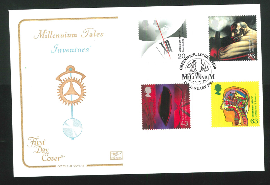 1999 Millennium Tales Inventors' First Day Cover - Greenwich, Millennium Postmark