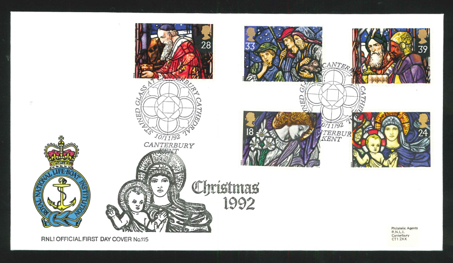 1992 Christmas First Day Cover- Stained Glass at Canterbury Cathedral Postmark