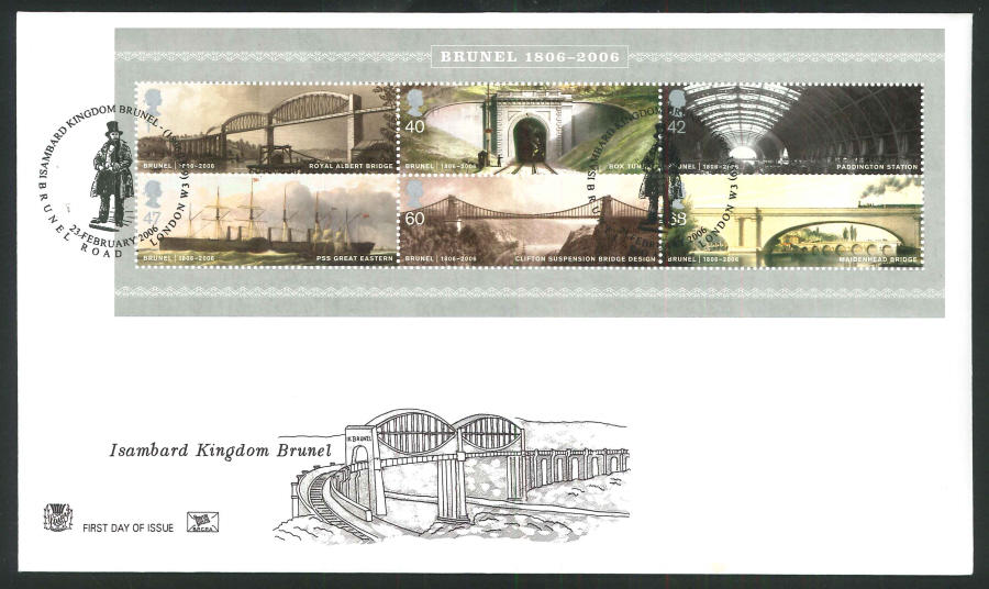 2006 Brunel First Day Cover Mini Sheet - Brunel Road, London W3 Postmark - Click Image to Close