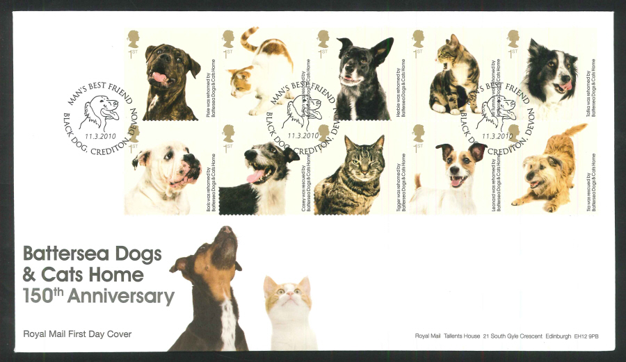 2010 Battersea Dogs & Cats First Day Cover, Black Dog, Devon Postmark - Click Image to Close