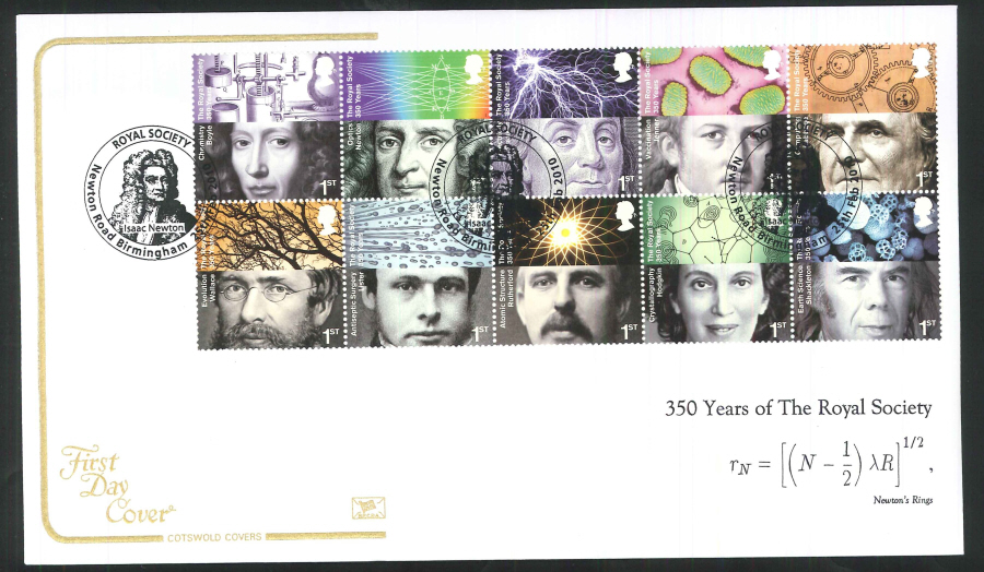 2010 The Royal Society First Day Cover, Newton Rd Birmingham Postmark
