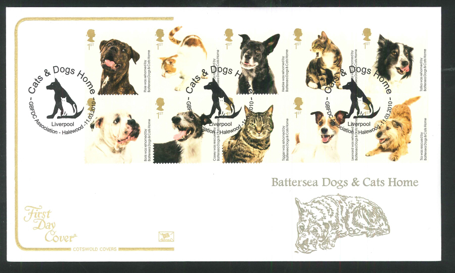 2010 Battersea Dogs & Cats First Day Cover, GBFDC Association, Halewood Postmark - Click Image to Close