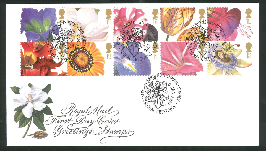 1997 Greetings FDC Kew Floral Greetings Handstamp