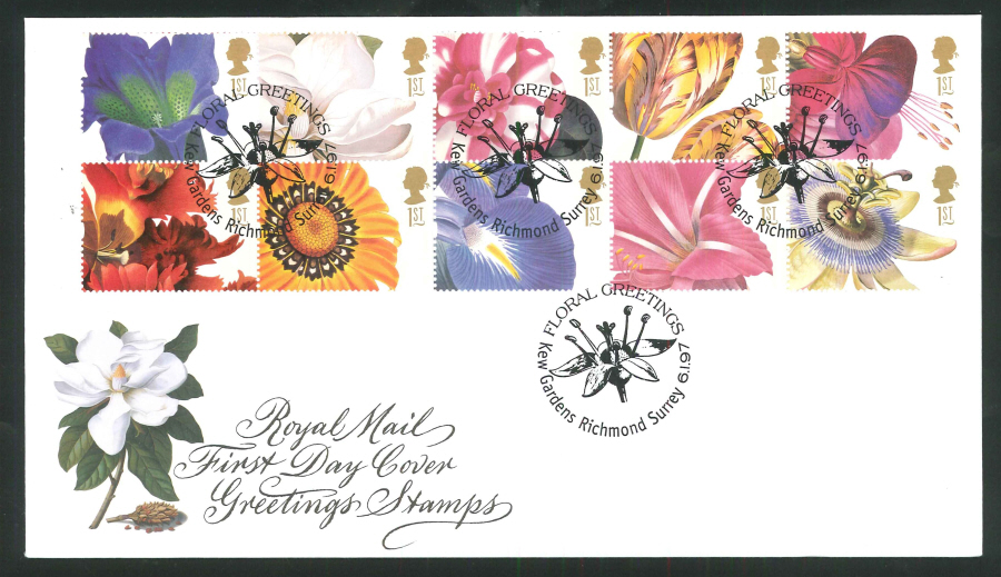 1997 Greetings FDC Kew Floral Greetings Handstamp Diff