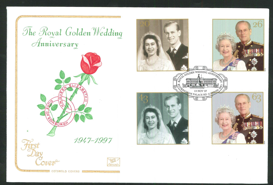 1997 Golden Wedding FDC Buckingham Palace Rd SW1 Diff Handstamp