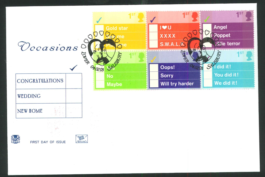 2003 Greetings Occasions F D C Lover Salisbury Handstamp - Click Image to Close