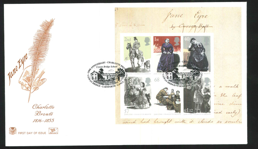 2005 Jane Eyre M/S FDC Cowan Bridge ,Carnforth Handstamp - Click Image to Close