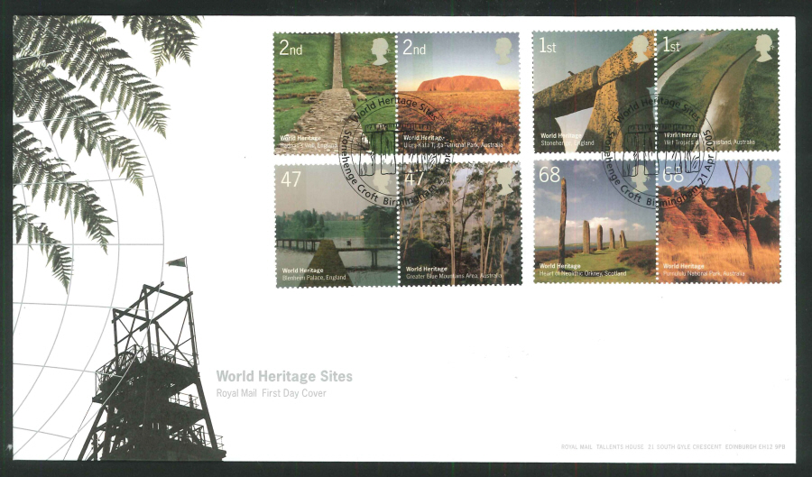 2005 World Heritage FDC Stonehenge Cr. Birmingham Handstamp