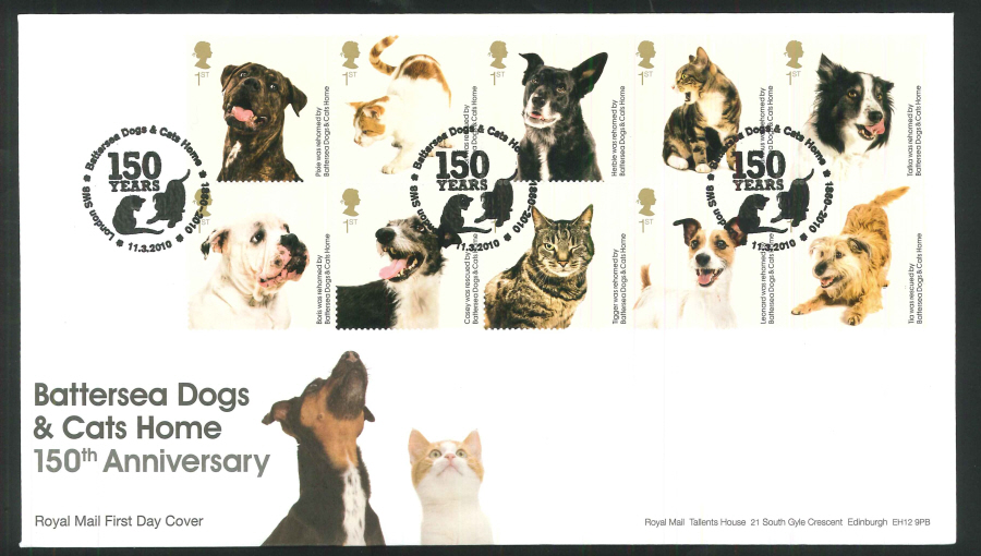 2010 Battersea Dogs & Cats First Day Cover, 150 Years London SW8 Postmark - Click Image to Close