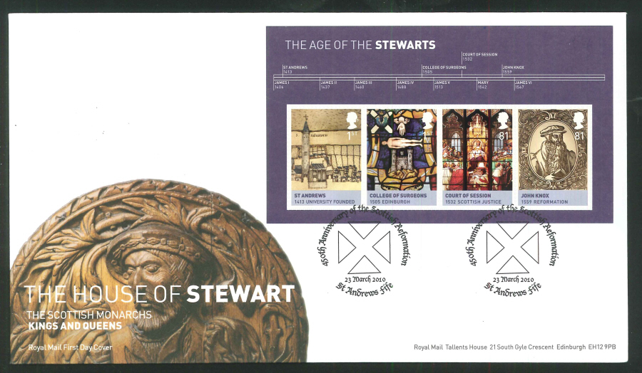 2010 FDC House of Stewart M/S St Andrews Handstamp