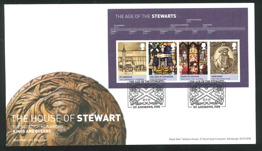 2010 FDC House of Stewart M/S St Andrews Diff Handstamp