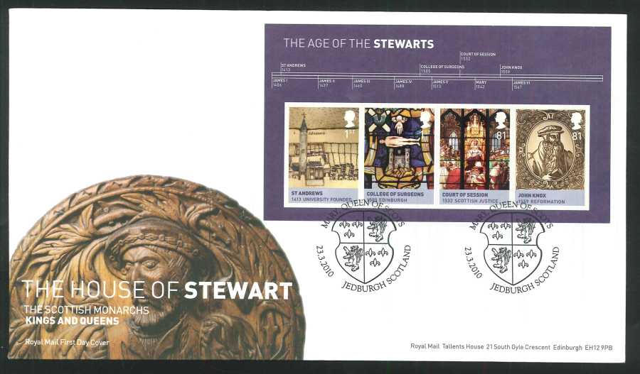 2010 FDC House of Stewart M/S Jedburugh Handstamp