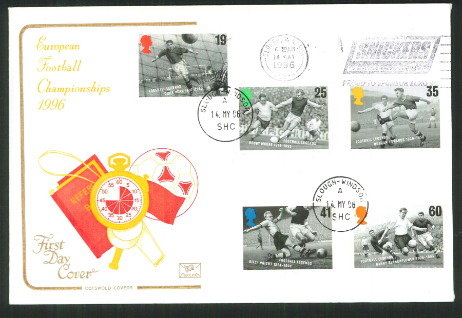 1996 - Football Legends Cotswold Slogan FDC Snickers Slogan Postmark