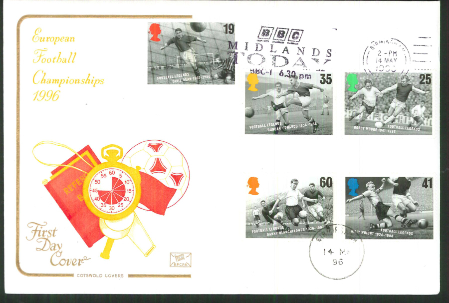 1996 - Football Legends Cotswold Slogan FDC BBC Midlands Today Slogan Postmark