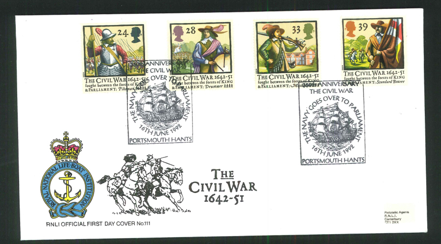 1992 - English Civil War First Day Cover (R.N.L.I.)- Portsmouth Postmark