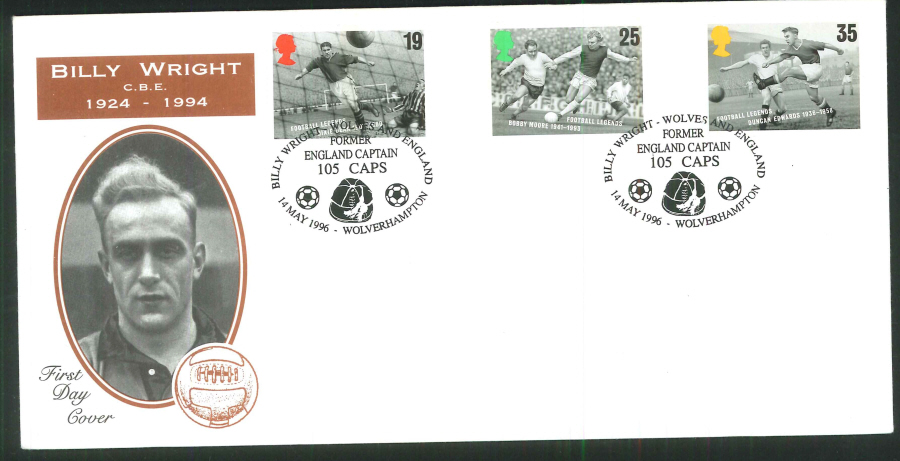 1996 - Football Legends First Day Cover - Billy Wright, Wolverhampton Postmark