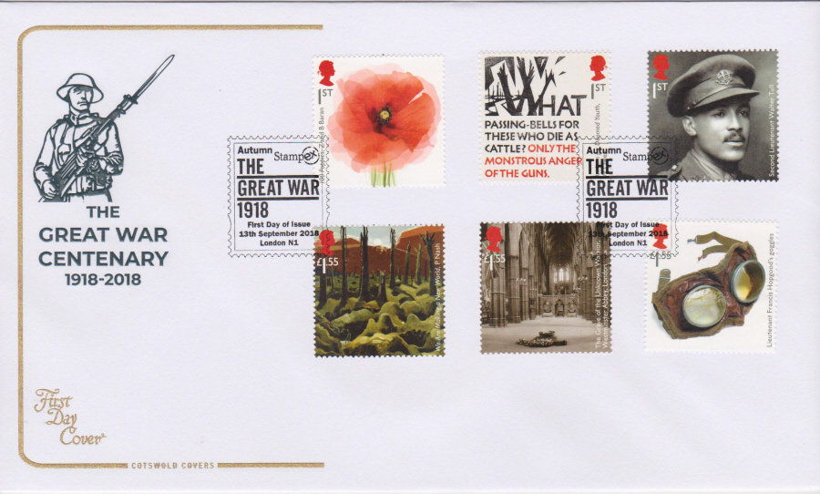 2018 Cotswold FDC - The Great War Autumn Stampex FDI London N1 London Postmark - Click Image to Close