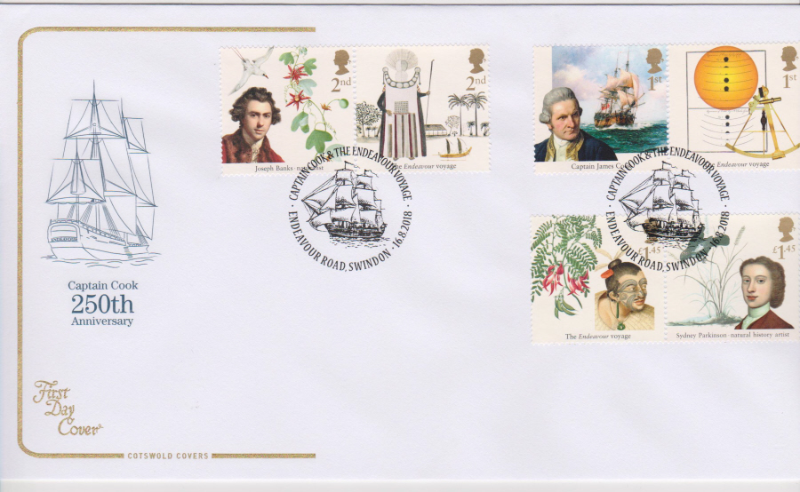 2018 Cotswold FDC - Captain Cook Set Endeavour Road Swindon Postmark - Click Image to Close