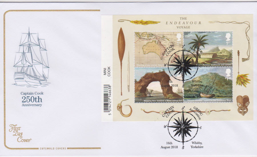 2018 Cotswold FDC - Captain Cook Mini Sheet GBFDC Whitby Yorkshire Postmark - Click Image to Close