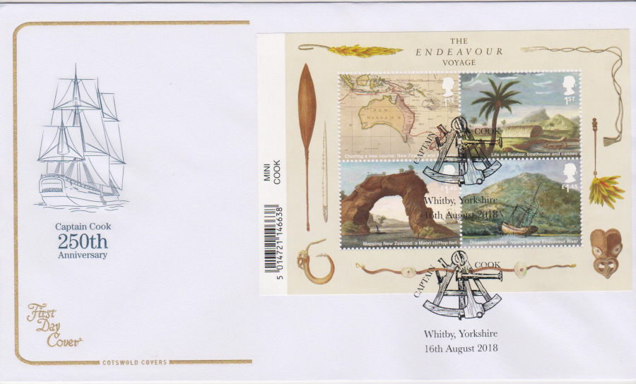 2018 Cotswold FDC - Captain Cook Mini Sheet Captain Cook Whitby Yorkshire Postmark - Click Image to Close