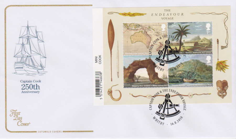 2018 Cotswold FDC - Captain Cook Mini Sheet Voyage Whitby Postmark - Click Image to Close