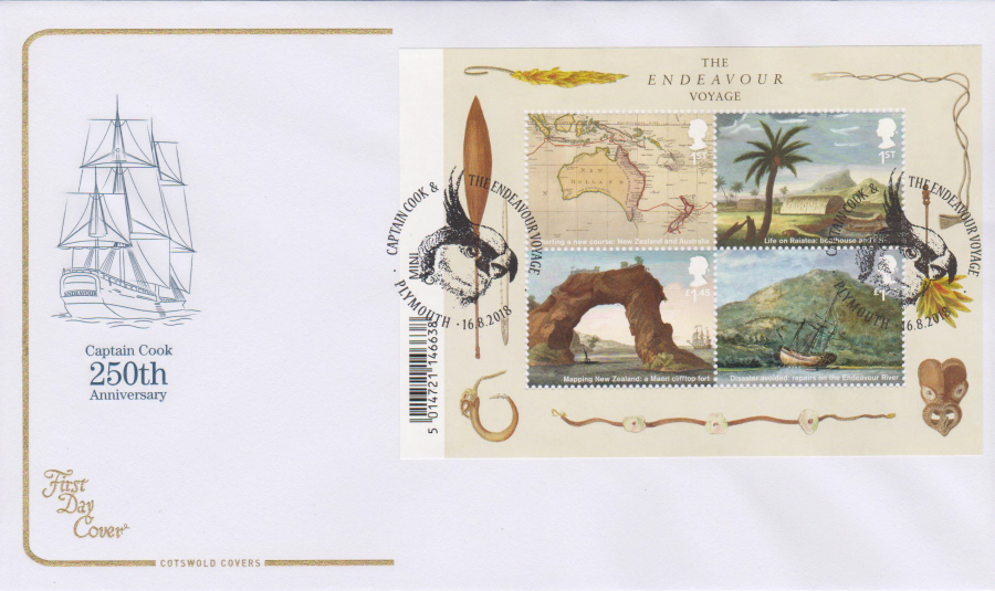 2018 Cotswold FDC - Captain Cook Mini Sheet Voyage Plymouth Postmark - Click Image to Close