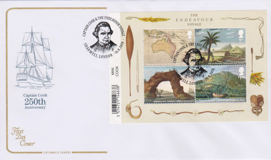 2018 Cotswold FDC - Captain Cook Mini Sheet Shadwell London Postmark