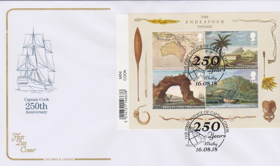 2018 Cotswold FDC - Captain Cook Mini Sheet 250 Years Whitby Postmark - Click Image to Close