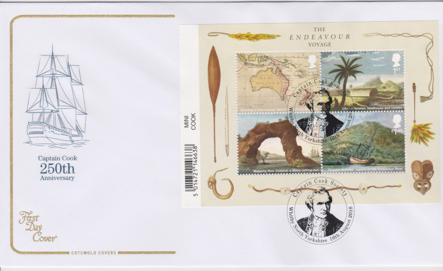 2018 Cotswold FDC - Captain Cook Mini Sheet Whitby North Yorkshire Postmark - Click Image to Close