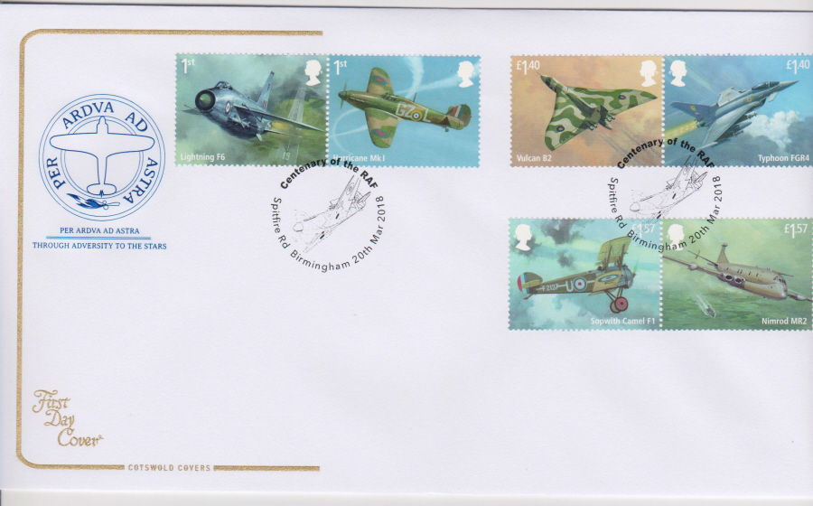 2018 Cotswold FDC - R A F - Centenary of R A F Spitfire Rd Birmingham Postmark