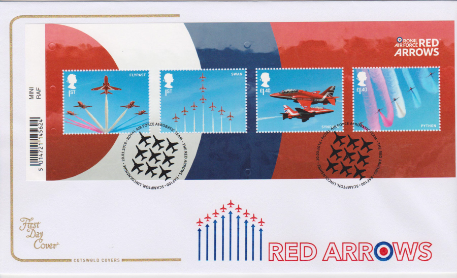 2018 Cotswold FDC - Red Arrows Mini Sheet - RAF 100 Scampton Postmark - Click Image to Close